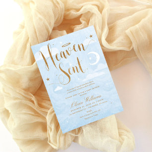 Heaven Sent Baby Shower Blue och Guld Inbjudningar