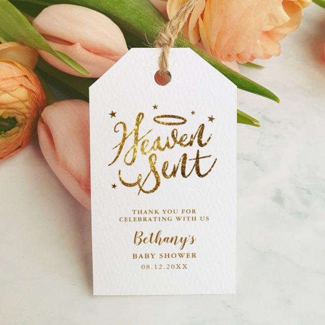 Heaven Sent Baby Shower Favor Guld Glitter Presentetikett (Skapare uppladdad)