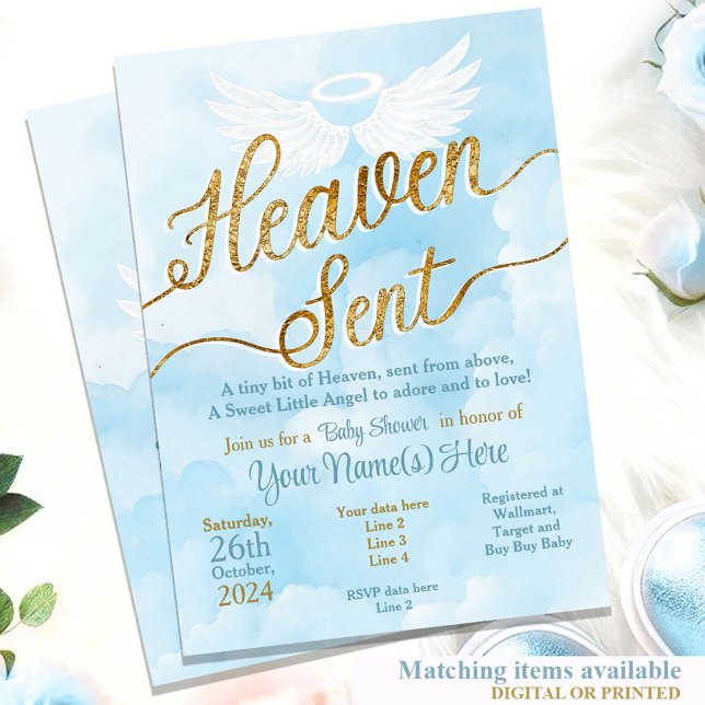 Heaven Sent Baby Shower-inbjudan - Boy Angel Inbjudningar (Blue Heaven Sent Little Boy Angel invitation with blue watercolor white wings)