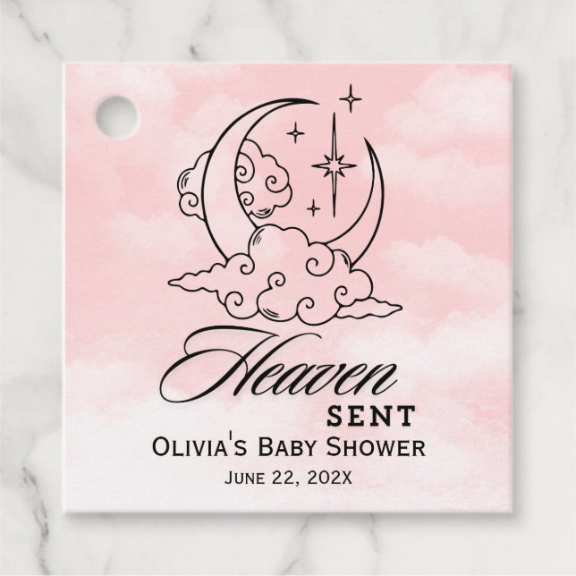 Heaven Sent Baby Shower Rosa Måne Stars Gåvor Etiketter (Framsida)