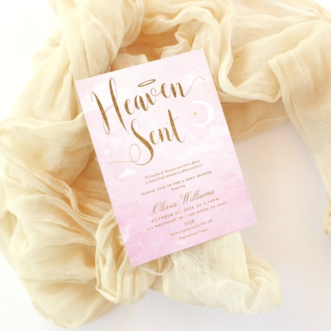 Heaven Sent Baby Shower Rosa och Guld Inbjudningar (Heaven sent baby shower invitation in blush pink and gold)
