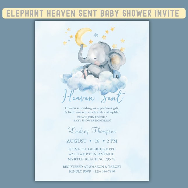 Heaven Sent Blue Elephant Baby Shower Inbjudningar (Skapare uppladdad)