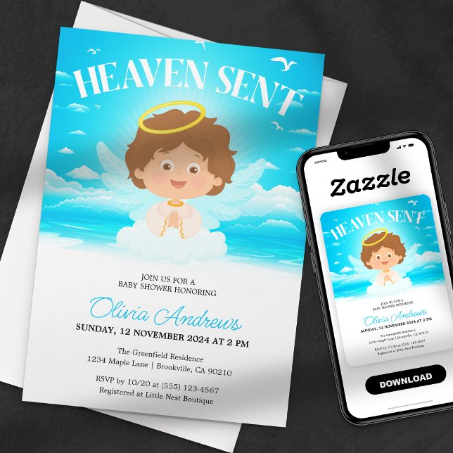Heaven Sent Boy Cute Angel Blue Baby Shower Inbjudningar (Skapare uppladdad)