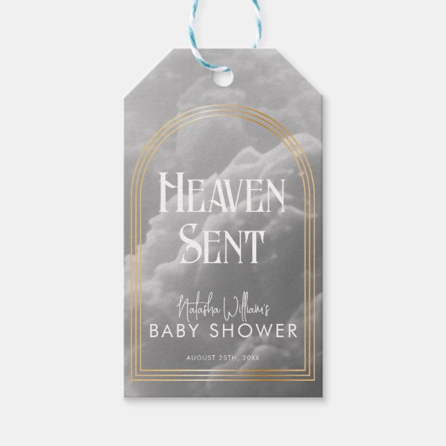 Heaven Sent Clouds Golden Neutralt Baby Shower Presentetikett (Framsidan)
