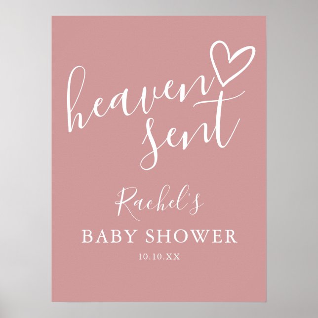 Heaven Sent Dusty Ro Rosa Girl Baby Shower Sign Poster (Framsidan)