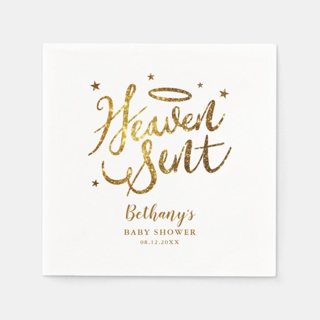 Heaven Sent Elegant Baby Shower Guld Glitter Pappersservett (Framsidan)