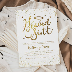 Heaven Sent Guld Kön Neutral Baby Shower Inbjudningar