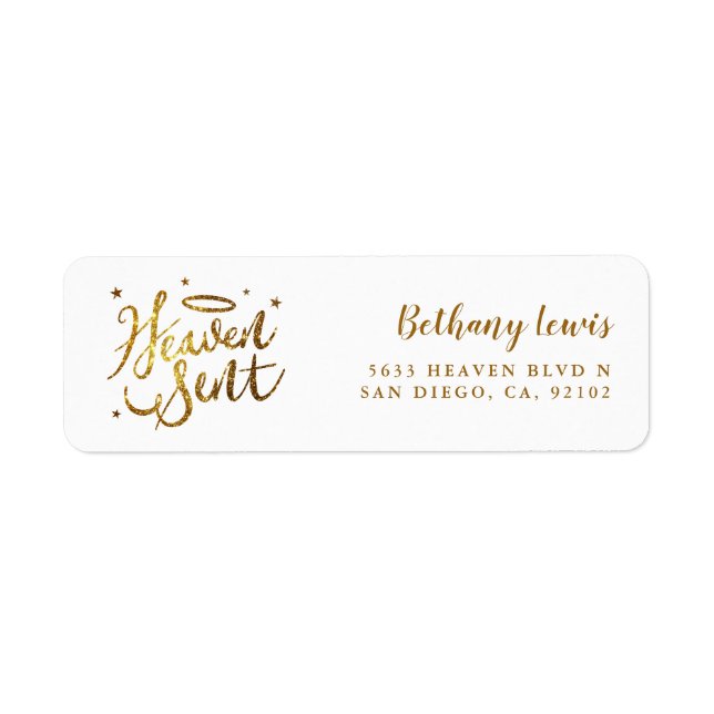 Heaven Sent Guld White Baby Shower Returadress Etikett (Framsidan)