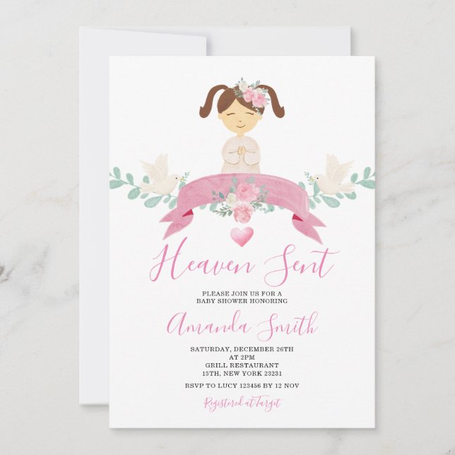 Heaven Sent Little Angel Baby Shower Rosa Blommigt Inbjudningar (Framsida)