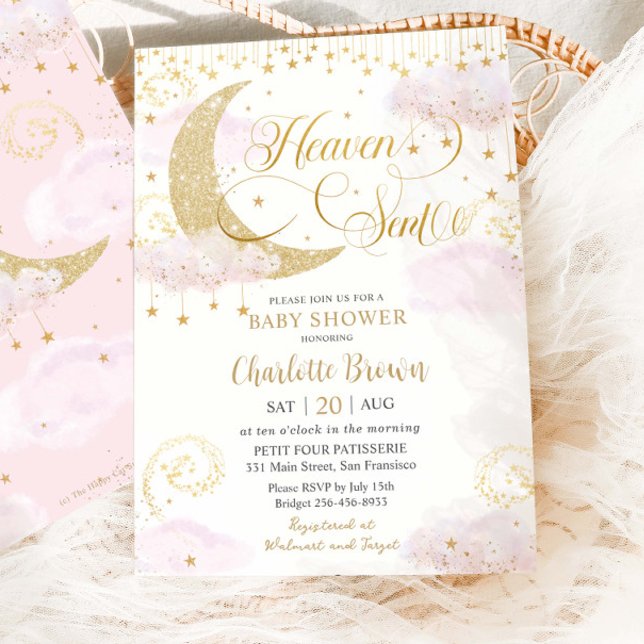 Heaven Sent Moon and Stars Pink Gold Baby Shower Inbjudningar (Skapare uppladdad)
