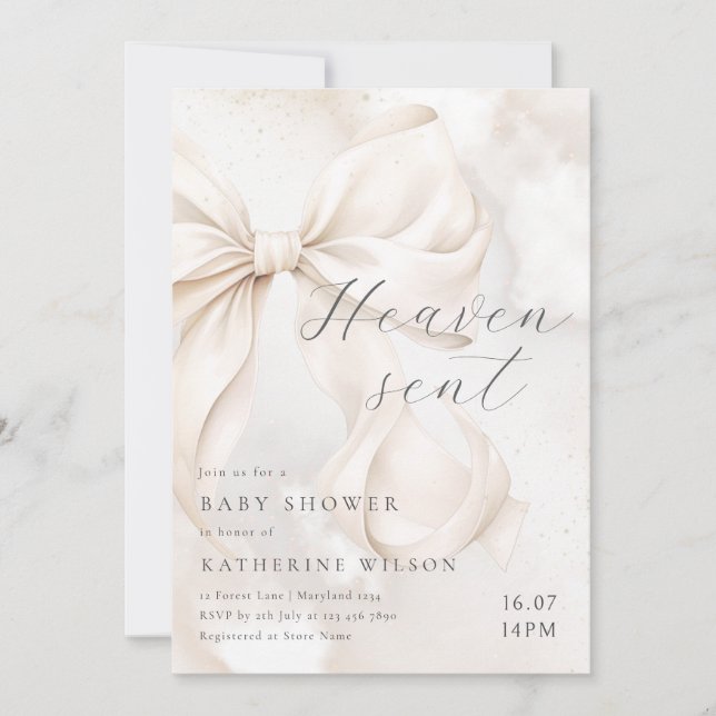 Heaven Sent Neutral Bow Baby Shower Invitation Inbjudningar (Framsida)