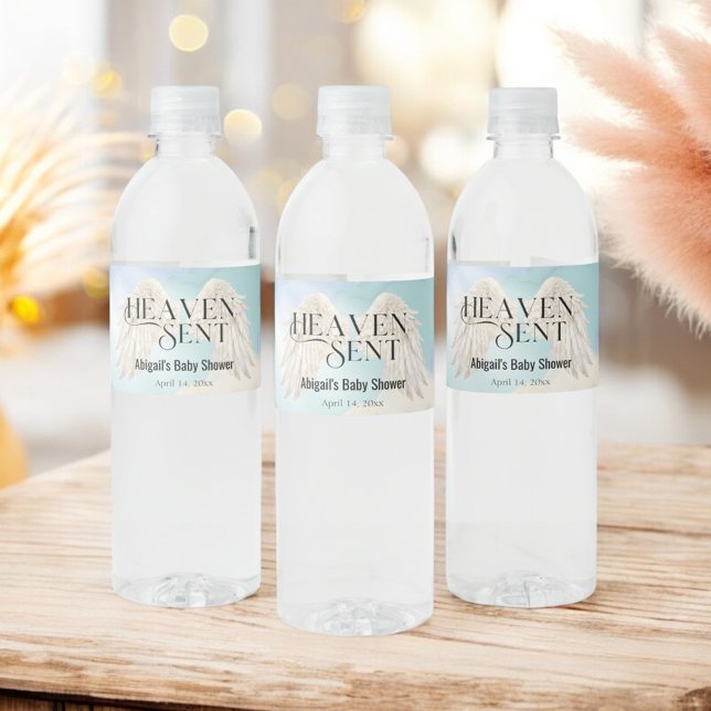 Heaven Sent Pastel Angel Vingar Baby Shower Vattenflaskor Etikett (Skapare uppladdad)