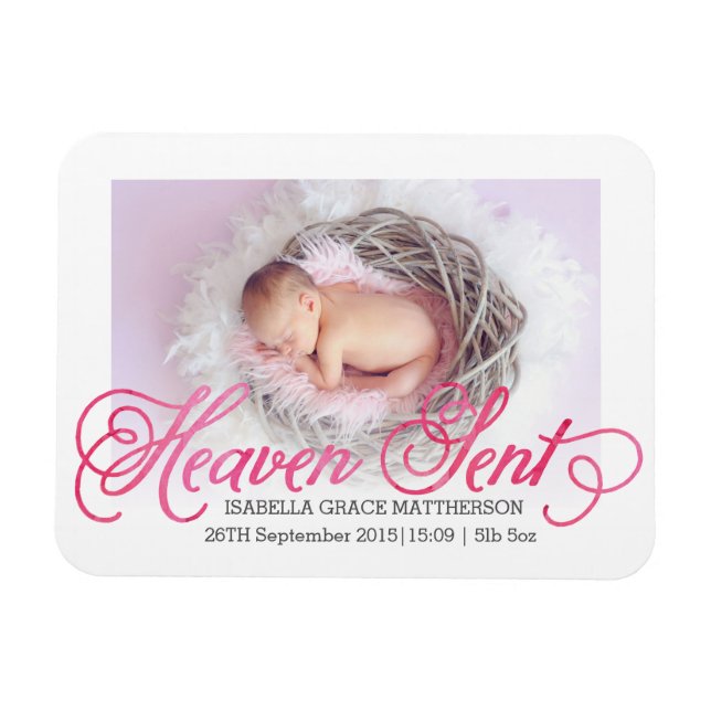 Heaven Sent Rosa Watercolor Birth Notice Magnet (Horisontell)