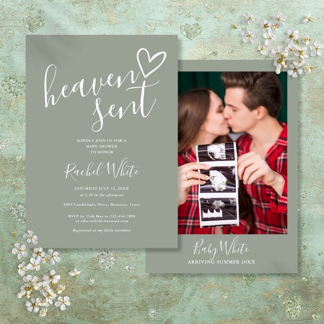 Heaven Sent Sage Grönt Photo Neutralt Baby Shower Inbjudningar (Heaven Sent Sage Green Photo Neutral Baby Shower Invitation)