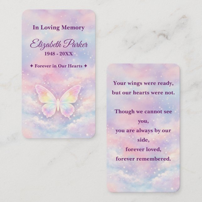 Heavenly Butterfly Memorial Prayer Card Anteckningskort (Fram/baksida)