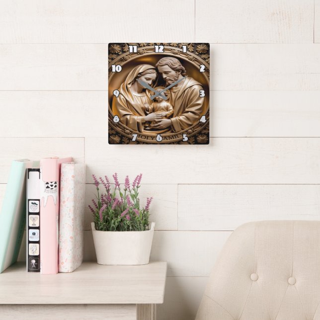 Heavenly Gold Holy Family Carving Fyrkantig Klocka (Läsesal)