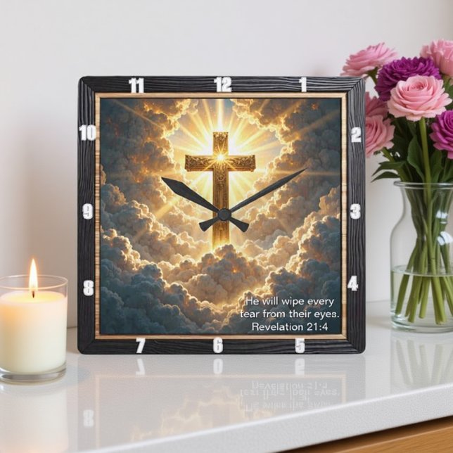 Heaven's Gate Golden Cross Cloud Revelation 21:4 Fyrkantig Klocka (Skapare uppladdad)