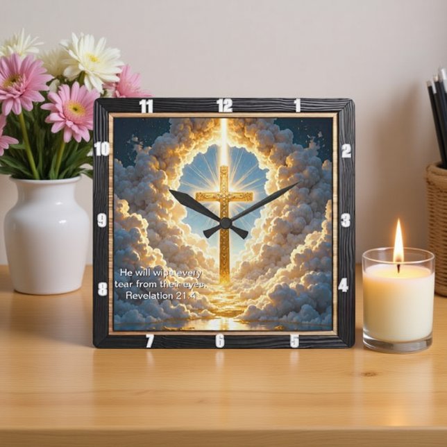 Heaven's Gate Golden Cross Radiant Revelation 21:4 Fyrkantig Klocka (Skapare uppladdad)