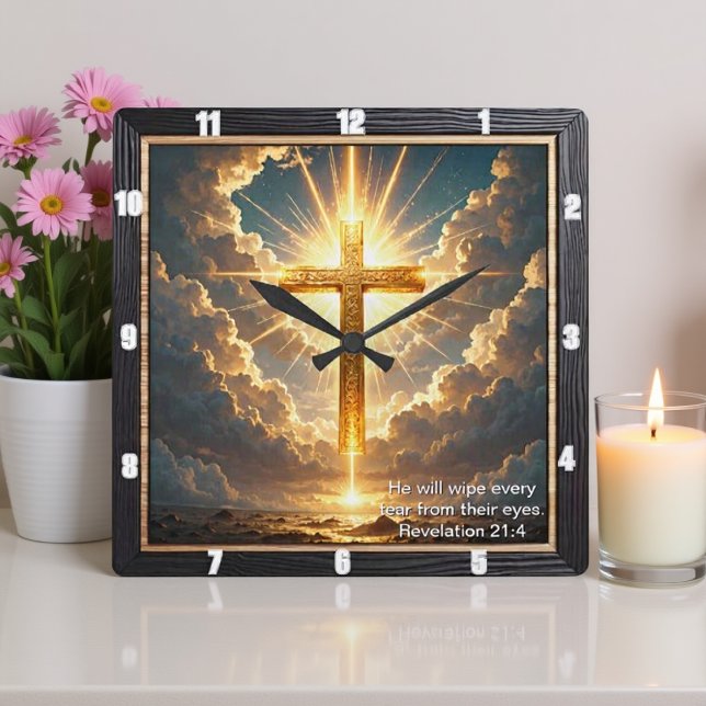 Heaven's Gate Golden Cross Sunset Revelation 21:4 Fyrkantig Klocka (Skapare uppladdad)