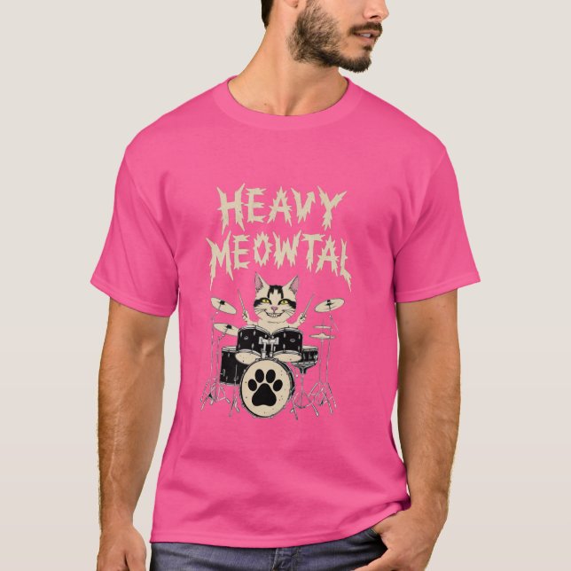 Heavy Meowtal Headbanger Gift Drummer Cat Spelar T Shirt (Framsida)