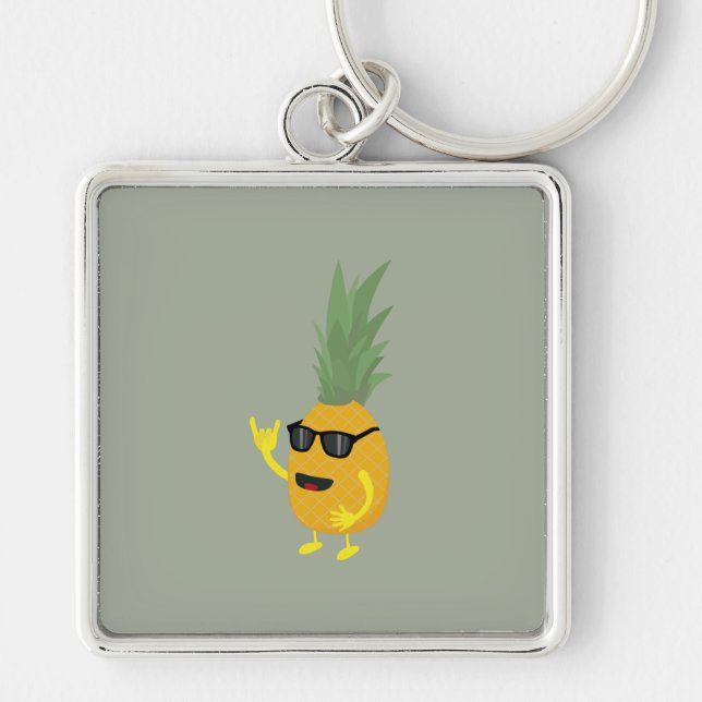 Heavy metalananas fyrkantig silverfärgad nyckelring (Framsidan)