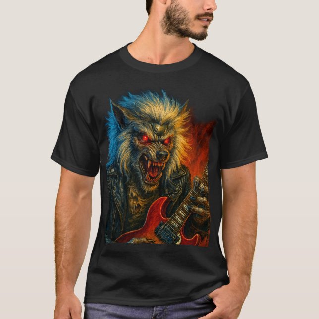 Heavy-Metall Wolve spelar Guitar T Shirt (Framsida)