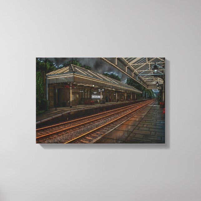 Hebden Bridge järnvägsstation Vintage Neonkonst Canvastryck (Framsida)