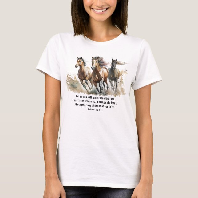 Hebrar 12:1 Springa med Endurance Horse Bible Vers T Shirt (Framsida)