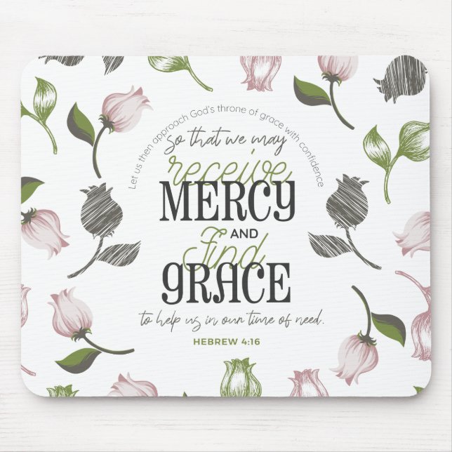 Hebreiska 4:16 citattecken med vit blommigt musmatta (Framsidan)