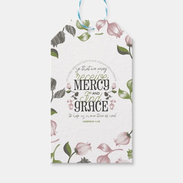 Hebreiska 4:16 citattecken med vit blommigt presentetikett (Framsidan)