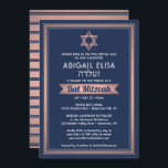 Hebreiska Namn Bat mitzvah flottan Blue Rosa ros G Inbjudningar<br><div class="desc">Familjen inbjudan och vänner till en bat mitzvah ceremoni i elegant och firande för henne med denna marinblå, vita och rosa ros guld inbjudan. All text är enkel att anpassa, så den kan innehålla alla formuleringar som rör tjänsten, Torah-läsningen och party. Utformningen har Hebrew och Engelska namn, trendig faux guld...</div>