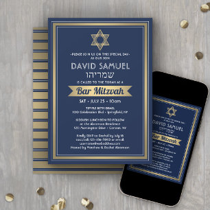 Hebreiskt namn Bar Mitzvah Marinblå Vit & Guld Inbjudningar