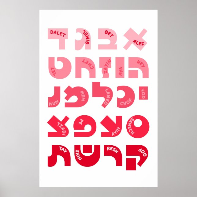 Hebrew Alef-Bet in Ombre Red Rosa Jewish Children Poster (Framsidan)