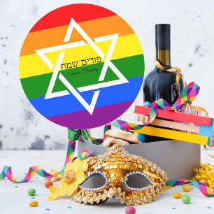 Hebrew Lycklig Purim Rainbow Flagga Runt Klistermärke