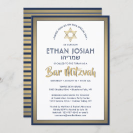 Hebrew Namn Pub Mitzvah Elegant Guld White & Navy Inbjudningar