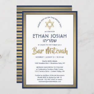 Hebrew Namn Pub Mitzvah Elegant Guld White & Navy Inbjudningar
