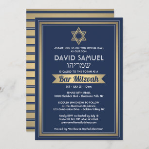Hebrew Namn Pub Mitzvah Navy Blue White & Guld Inbjudningar