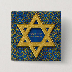 Hebrew Shabbat Shalom Guld Star of David Blue Knapp
