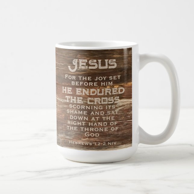 Hebrex 12:2 Bible Verse Rustic Wood Monogram Kaffemugg (Höger)