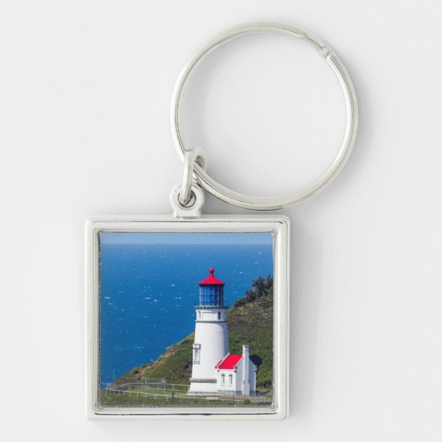 Heceta Head Fyren Nära Florence Fyrkantig Silverfärgad Nyckelring (Framsidan)