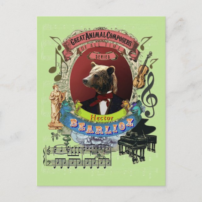 Hector Bearlioz Bear Animal Composer Berlioz Vykort (Framsida)