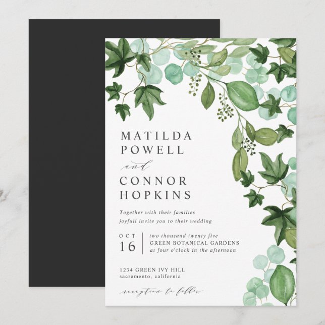 Hedera | Modern IVY Eucalyptus Botanical Bröllop Inbjudningar (Fram/baksida)