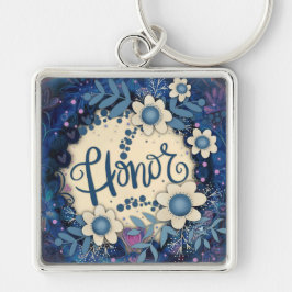 Hedersinspiration Heart Blommigt Söt Blue Fyrkantig Silverfärgad Nyckelring