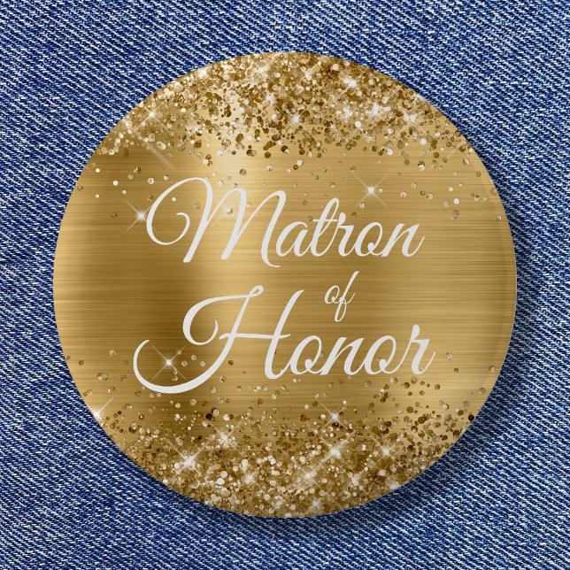 Hedersmatrona Glittrig Guld Folie Knapp (Matron of Honor Glittery Gold Foil Button)