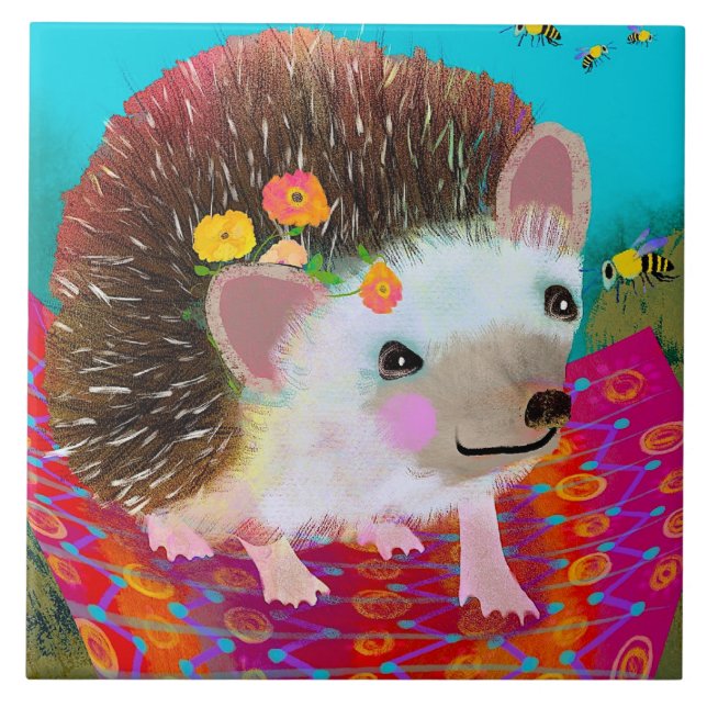 Hedgehog and Bee Ceramic Kitchen Tile Kakelplatta (Framsidan)
