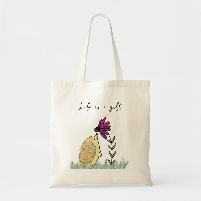 Hedgehog and Flower Tote Bag Tygkasse (Framsidan)
