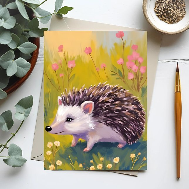Hedgehog Blommigt Fält Djurmålning Vykort (Skapare uppladdad)