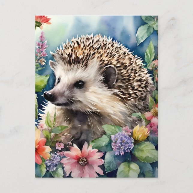 Hedgehog Blommigt Watercolor Vykort (Framsida)