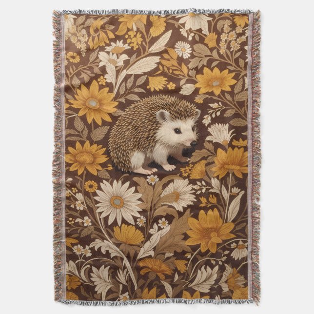 Hedgehog Brown Blommigt William Morris Inspired Filt (Framsidan Vertikal)