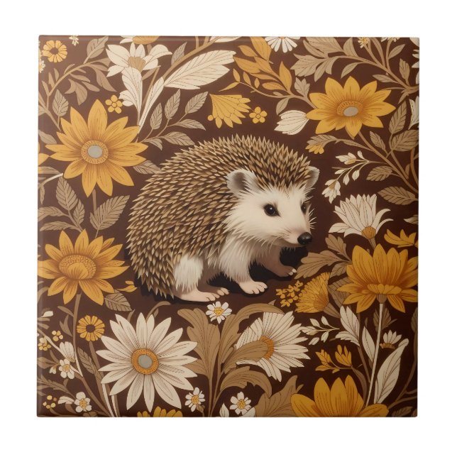 Hedgehog Brown Blommigt William Morris Inspired Kakelplatta (Framsidan)